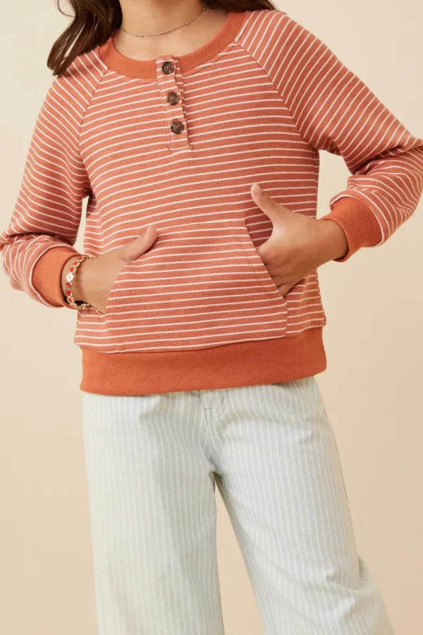 Striped Kangaroo Pocket Long Sleeve Henley - Rust