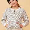 Striped Kangaroo Pocket Long Sleeve Henley - Ivory