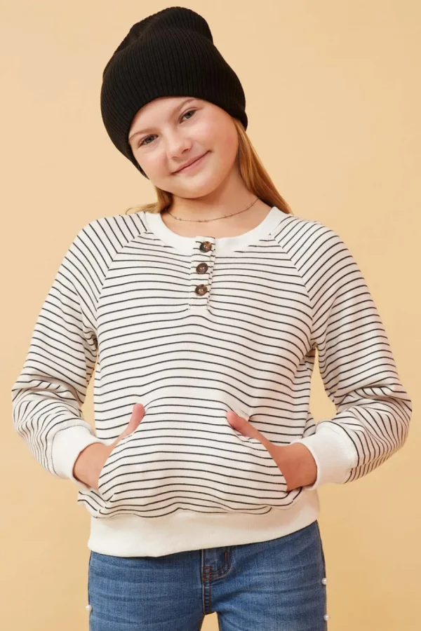 Striped Kangaroo Pocket Long Sleeve Henley - Ivory
