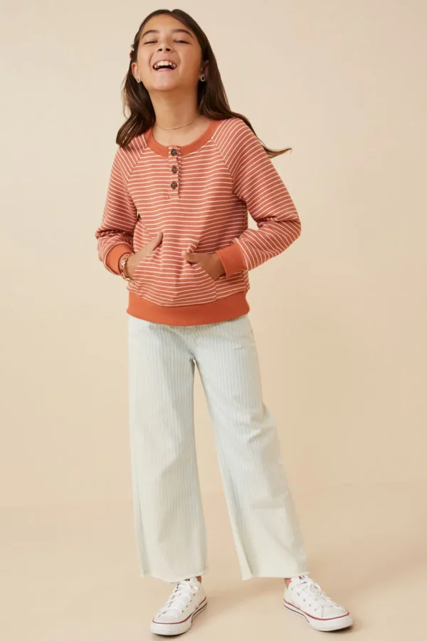 Striped Kangaroo Pocket Long Sleeve Henley - Rust