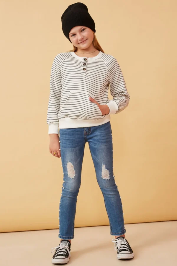 Striped Kangaroo Pocket Long Sleeve Henley - Ivory