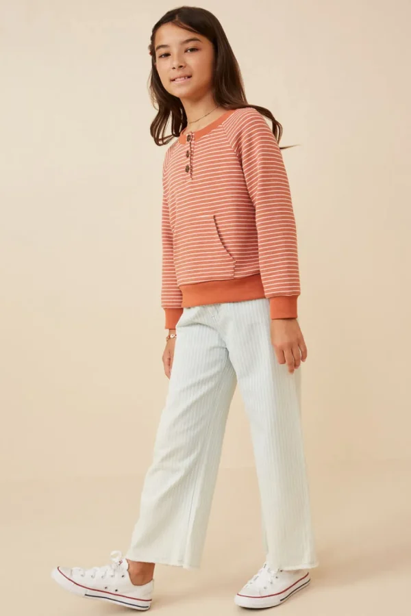 Striped Kangaroo Pocket Long Sleeve Henley - Rust