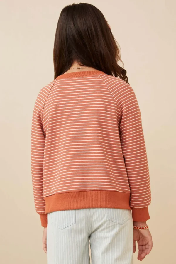 Striped Kangaroo Pocket Long Sleeve Henley - Rust