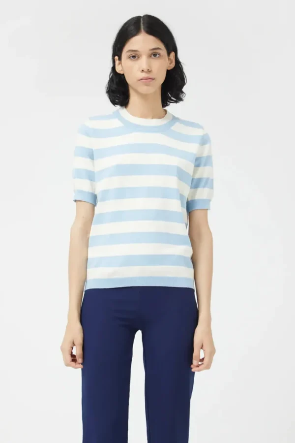 Striped Short Sleeve Sweater - Blue
