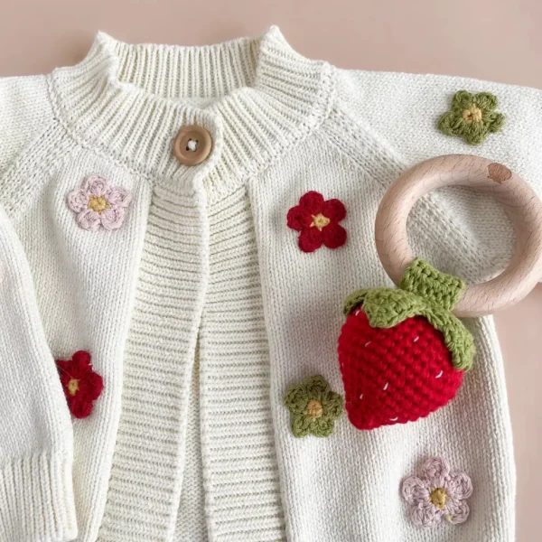 Teether Strawberry Red Cotton Crochet Rattle