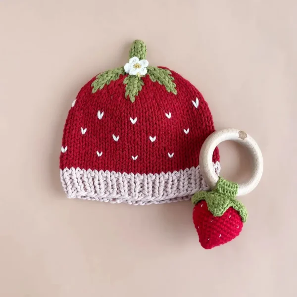 Teether Strawberry Red Cotton Crochet Rattle