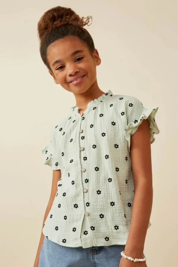 Textured Floral Print Ruffle Collar Shirt
