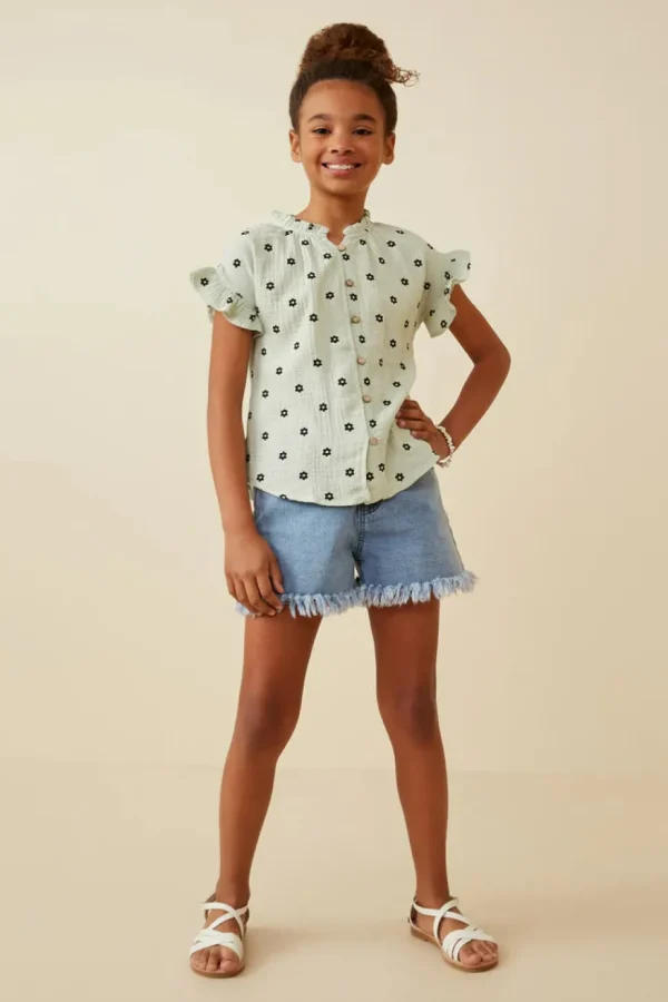 Textured Floral Print Ruffle Collar Shirt