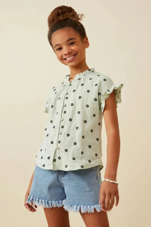 Textured Floral Print Ruffle Collar Shirt