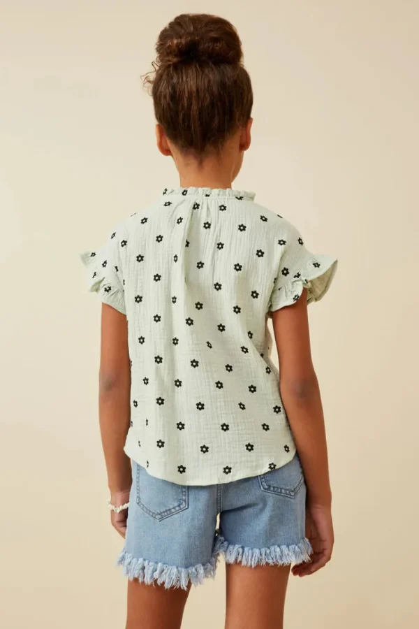 Textured Floral Print Ruffle Collar Shirt