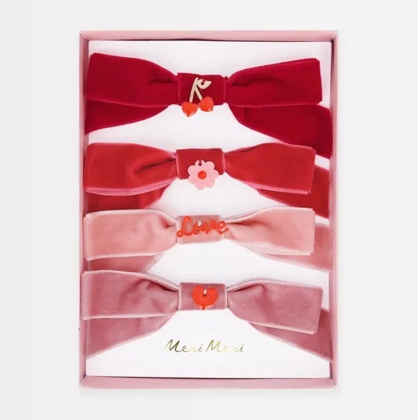 Velvet Bows With Charms Hair Clips (x 4)