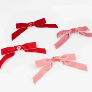 Velvet Bows With Charms Hair Clips (x 4)