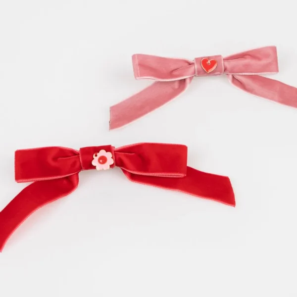 Velvet Bows With Charms Hair Clips (x 4)