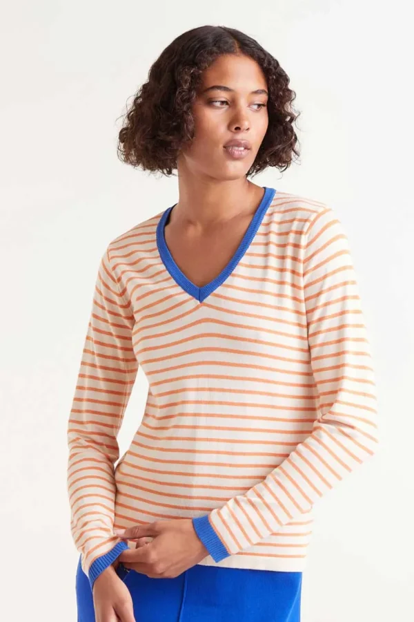 V-Neck Striped Sweater - Orange/White