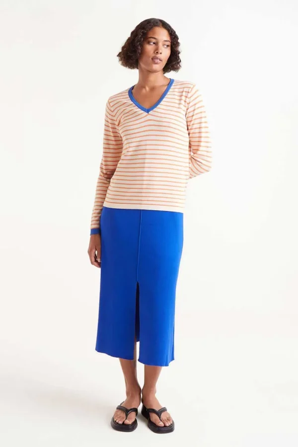 V-Neck Striped Sweater - Orange/White